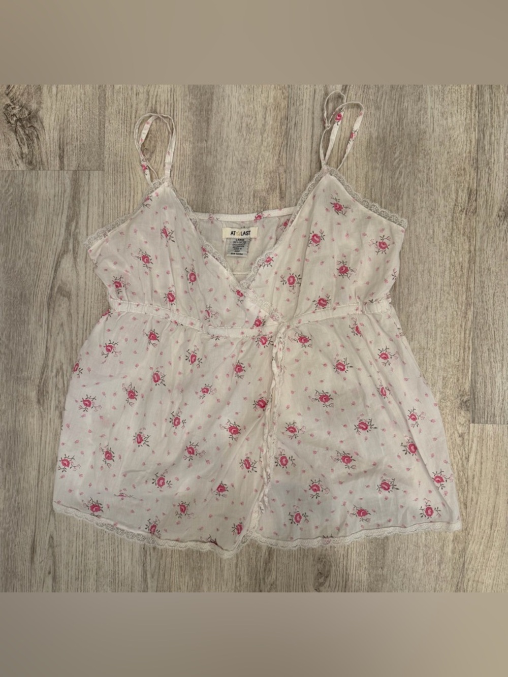 At Last Floral Babydoll Cami Lace Trim‎ Pink Coquette Top Size L
